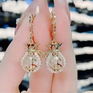 💥Creative Dollar Purse Pattern Rhinestone Decor Money Bag Drop Earrings